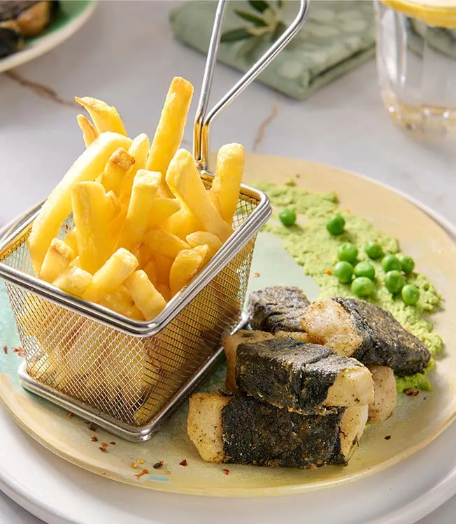 Fish & chips vegan au céleri-rave et pois