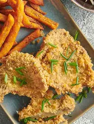 Champignons frits à la tonkatsu et frites de patates douces