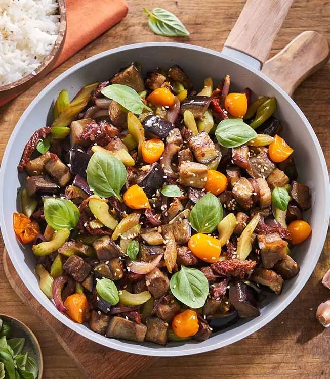 Sauté d’aubergines et tomates séchées