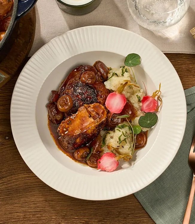 Coq au soja avec topinambour et radis