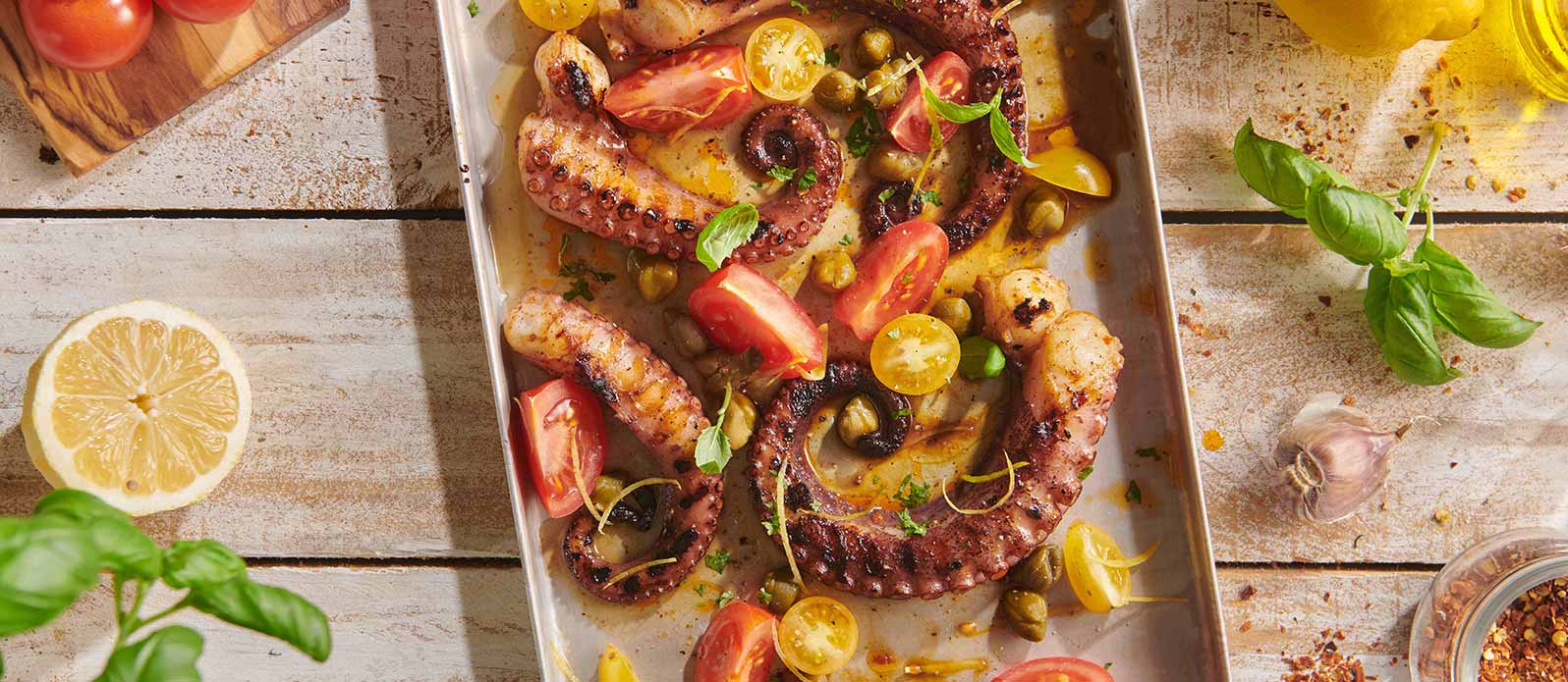 Poulpe grillé avec sauce Ponzu et câpres
