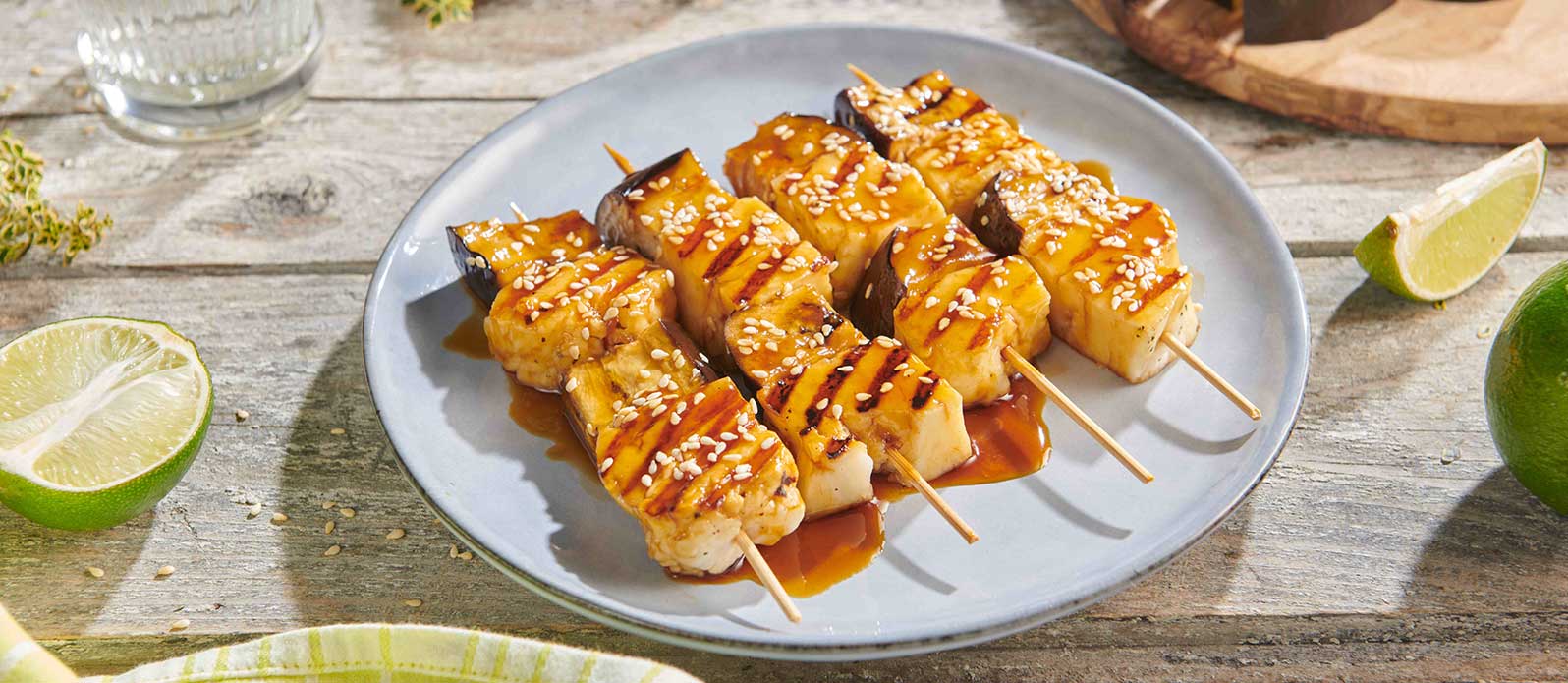 Fromage halloumi et aubergine façon Yakitori